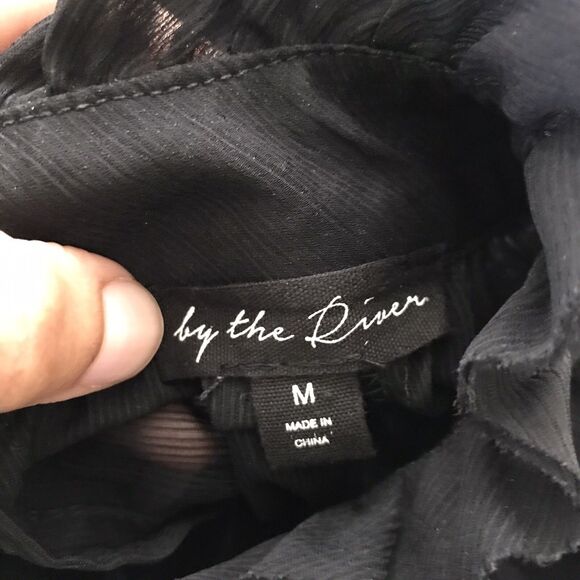 By The River Black Chiffon Long Sleeve Ruffle Neck Sheer Boho Midi Dress - M - Picture 8 of 8